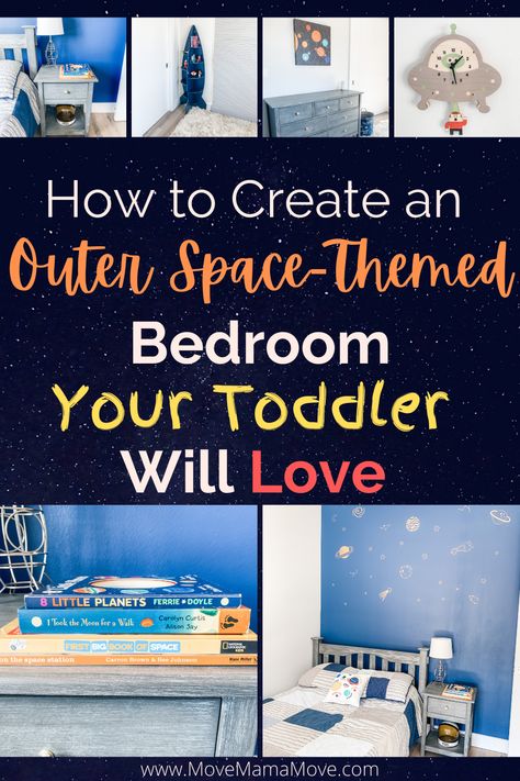 Space Themed Bedroom Toddler, Outer Space Themed Bedroom, Diy Space Themed Bedroom, Space Themed Rooms For Boys, Boys Space Room Ideas, Outer Space Toddler Room, Space Theme Toddler Room, Diy Space Room Decor, Kids Space Theme Bedroom