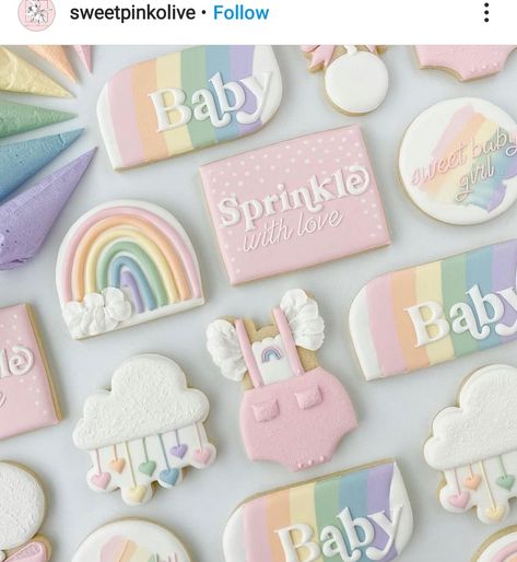 Sprinkle Decorated Cookies, Pastel Cookies Decorated, Sprinkle Shower Cookies, Pastel Birthday Cookies, Pastel Sugar Cookies, Pastel Color Baby Shower Ideas, Rainbow Baby Baby Shower Ideas, Rainbow Baby Gender Reveal Ideas, Sprinkled With Love Baby Shower Ideas