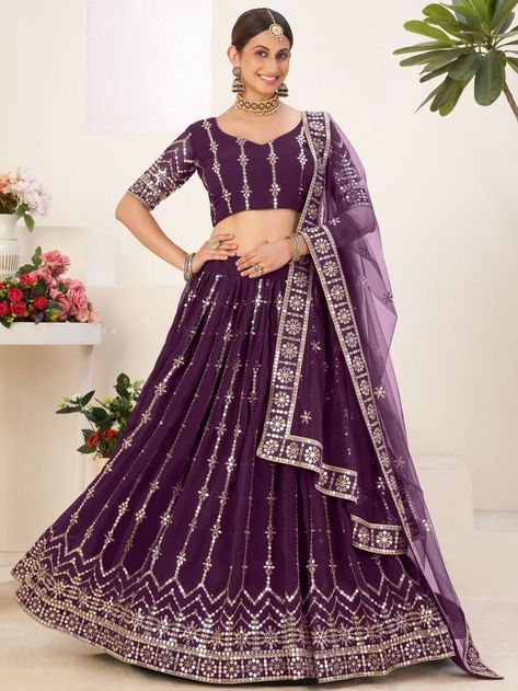 Adorable Dark Purple Sequins Embroidered Georgette Lehenga Choli Plus Size Lehenga, Maroon Lehenga, Purple Lehenga, Georgette Material, Lehenga Red, Reception Lehenga, Georgette Lehenga, Party Wear Lehenga Choli, Lehenga Online