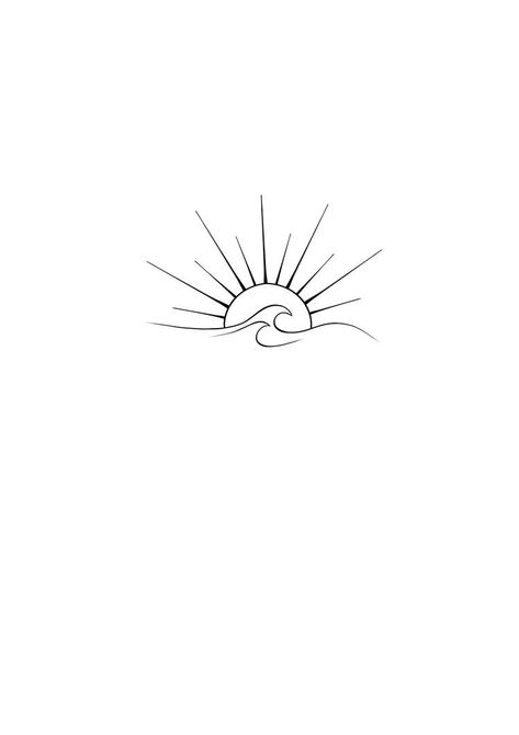 Sunset With Waves Tattoo, Sun Waves Tattoo Small, Hawaiian Collar Bone Tattoo, Aesthetic Tattoo Ideas Drawings, Half Sunset Tattoo, Sun And Surf Tattoo, Sun And Wave Drawing, Ocean Love Tattoo, Mother Sun Tattoo