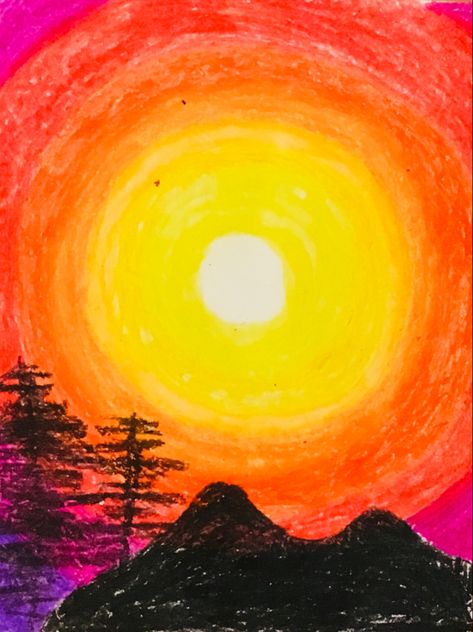 Sunset Drawing, Drawing Sunset, Art For Walls, Crayon Painting, Sun Drawing, Walls Art, Rose Tutorial, Color Crayons, Art Nouveau Art