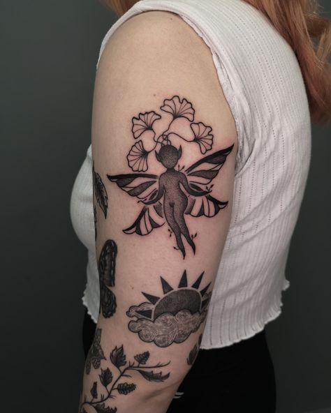 Fairy tattoo on upper arm Arm Patchwork, Upper Arm Tattoo Ideas, Tattoo On Upper Arm, Fairycore Cottagecore, Patchwork Sleeve, Upper Arm Tattoos, Female Tattoo Artists, Fairy Tattoo, Tattoo Portfolio