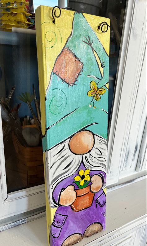 Painted Gnomes On Wood Diy, Gnome Paintings On Wood, Summer Gnomes Painting, Painting Gnomes On Wood, Garden Gnome Painting, Gnome Painting Canvas Diy, Easter Gnome Painting, Painted Gnomes On Wood, Gnome Painting Ideas