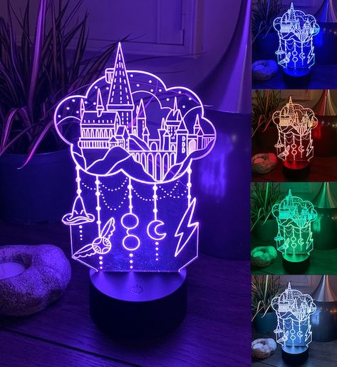 27.95 USD Harry Potter Hogwarts Castle Led edge lit nightlight. Powered by a usb cable or 3 AAA batteries (not included) Use as a center piece, decoration, or night light. Comes with a remote control or you can use the touch button on the base itself. When in the base the sign measures 10 inches tall by 5 1/2 inches wide. Harry Potter Led Lights, Laser Creations, Harry Potter Hogwarts Castle, Self Gift, Acrylic Lamp, Hogwarts Castle, Harry Potter Gifts, Harry Potter Theme, Edge Lighting