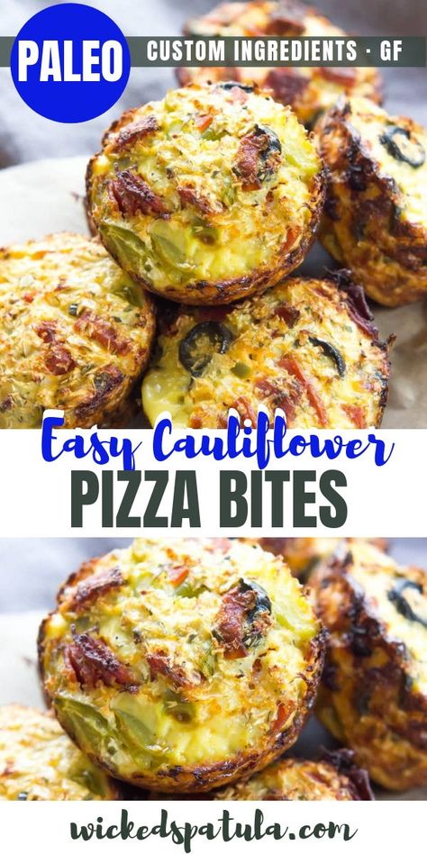 Cauliflower Pizza Bites - SO EASY, customizable, and kid friendly! Make mini versions for a fun paleo appetizer! #lowcarb #paleo #pizzabites #wickedspatula #cauliflower Pizza Bites Recipe, Cauliflower Pizza Bites, Paleo Appetizers, Dinner Snacks, Boiled Egg Diet Plan, Paleo Recipes Easy, Cauliflower Pizza, Pizza Bites, Low Carb Pizza