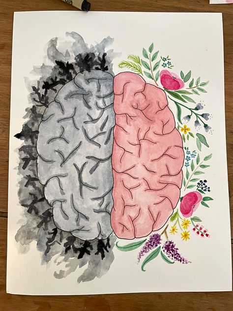 My personal interpretation and expression of what my brain is like with the two extremes of bipolar disorder. Person With Brain Drawing, Drawings Of Emotions, Brain Drawing Creative, Displacement Art, Art Burnout, Psychology Aesthetic Art, Painting Mental Health, Mental Health Draws Ideas, Brain Doodle