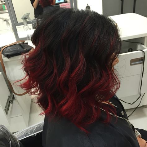 Black Shadow Root To Red, Black And Red Hair Short Wolfcut, Black Hair Dyed Tips, Red Hair With Black Roots, Black Roots Red Hair, 3am Aesthetic, Red Hair Tips, Charcoal Hair, Black Red Hair