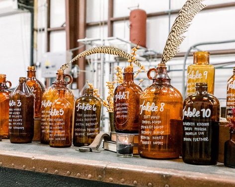 Bourbon Bottles Wedding, Brewery Wedding Decor Ideas, Rehearsal Dinner Brewery Decor, Brewery Wedding Favors, Distillery Wedding Reception, Fall Brewery Wedding, Growler Seating Chart, Brewery Wedding Reception Decor, Distillery Wedding Decor