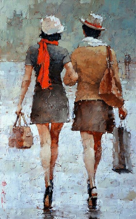 Andre Kohn Painting, Andre Kohn Art, Andre Kohn Fine Art, Andre Kohn, Russian Impressionism, Representational Art, People Walking, Walking In The Rain, Art Et Illustration