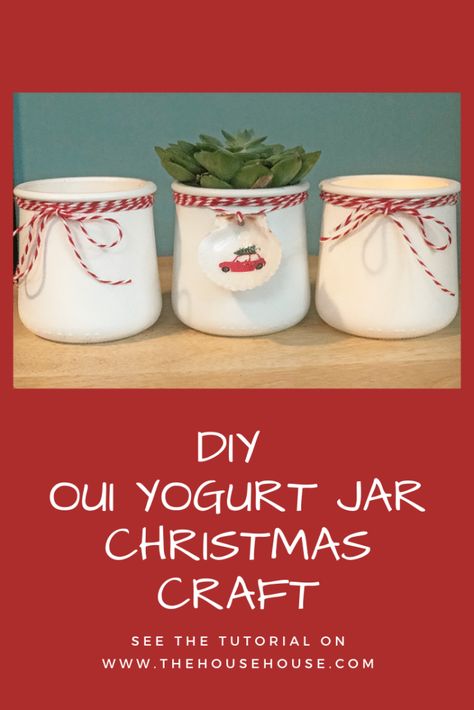 Oui Yogurt Jar Simple Christmas Craft - Crafts For Oui Yogurt Jars, Uses For Oui Jars, Repurposed Oui Yogurt Jars, Christmas Oui Jar Crafts, Oui Yogurt Jars Ideas Cricut, Things To Do With Oui Yogurt Jars, Small Glass Jar Crafts Diy Projects, Qui Yogurt Jar Crafts, Repurpose Oui Yogurt Jars