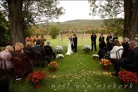 Outdoor ceremony ideas- potted mums to accent the chair aisles, easy to move, pre-arranged, already fall colored, cheap,  can be places in hollowed out pumpkins. Outdoor Fall Wedding Reception, Fall Wedding Ceremony Decorations, Ceremony Decorations Outdoor, Wedding Throw, Fall Ceremony, Wedding Ceremony Decorations Outdoor, Fall Wedding Ceremony, Wedding Ceremony Script, Fun Wedding Decor