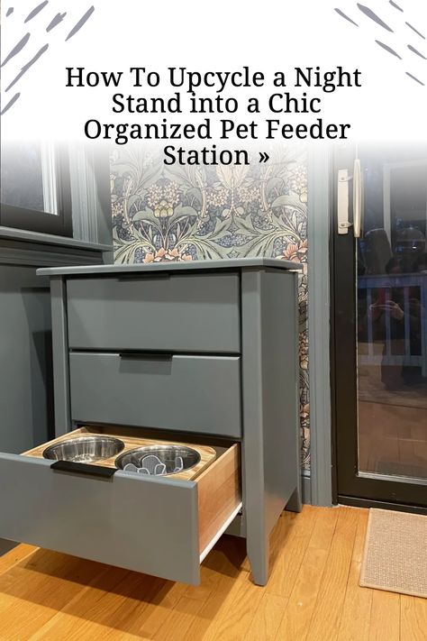 Diy Dog Station Ideas, Dog Food Station Diy, Diy Dog Feeder Station, How To Hide Dog Food Storage, Dog Eating Area Ideas, Diy Dog Food Station, Custom Dog Feeding Station, Dog Feeding Station Diy, Elevated Dog Feeding Station Diy