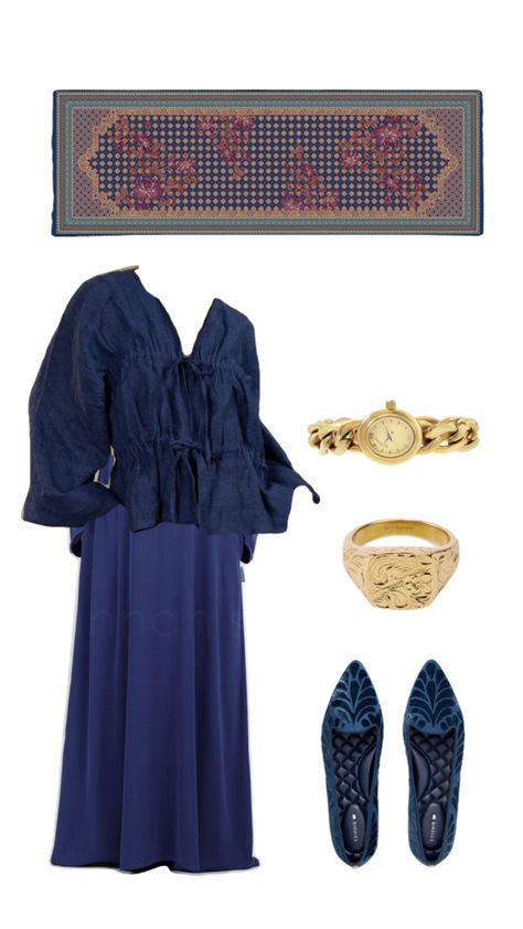 Outfit collage of a dark blue abaya, dark blue tie front blouse, blue multicolor geometric and floral satin headscarf, ornate engraved gold ring, a gold chain watch, and dark blue flats with velvet embroidery Blue Abaya Outfit, Dark Blue Abaya, Blue Abaya, Dark Blue Tie, Abaya Outfit, Velvet Embroidery, Chain Watch, Outfit Collage, Tie Front Blouse