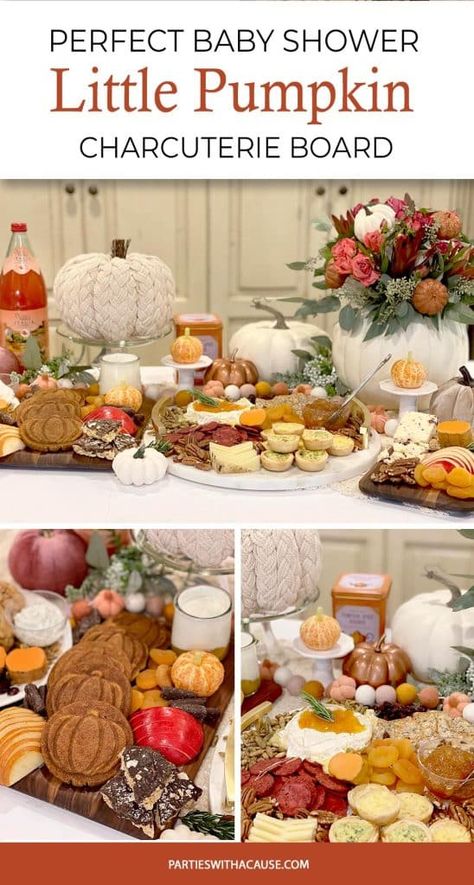 This pumpkin themed charcuterie board is perfect for your Thanksgiving table or a Little Pumpkin baby shower. Gather all things pumpkin and delight your guests. Get the full list of what to serve at PartiesWithACause.com Pumpkin Baby Shower Charcuterie Board, Fall Baby Shower Charcuterie Board, Baby Shower Charcuterie Board, Baby Shower Charcuterie, Themed Charcuterie Board, Thanksgiving Charcuterie Board, Pumpkin Theme Baby Shower, Thanksgiving Charcuterie, Celebrate Good Times