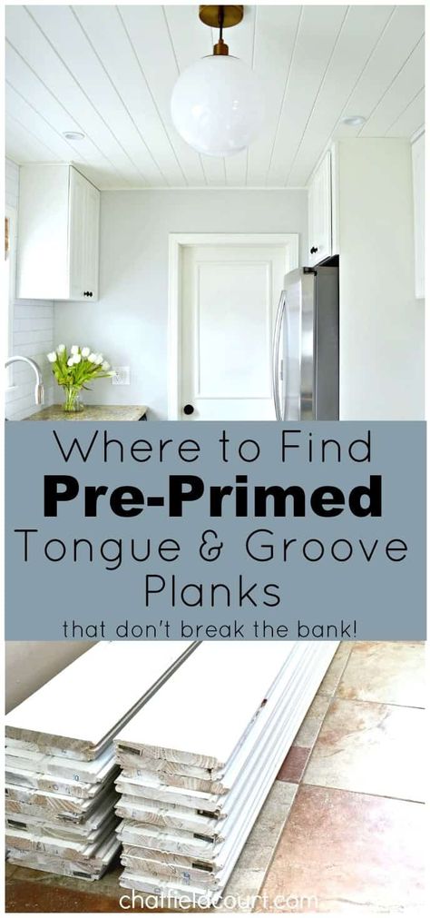 Where we found pre-primed tongue and groove pine planks for our kitchen ceiling. And they didn't break the bank! chatfieldcourt.com Wood Plank Ceiling, Shiplap Ceiling, Tongue And Groove Ceiling, Plank Ceiling, Diy Kitchen Renovation, Plank Walls, Diy Ceiling, Murphy Beds, Kitchen Ceiling