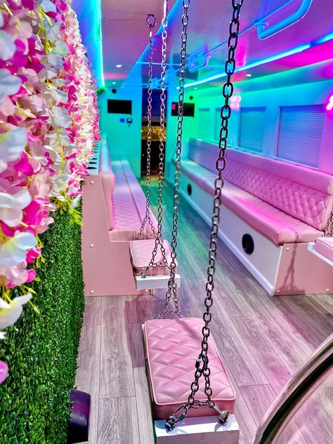 MEVA Party Bus Party Bus Ideas Decoration, Make Up Station Ideas, Diy Party Bus, Pink Party Bus, Party Bus Ideas, Spa Bus, Kids Party Bus, Beauty Bar Salon Ideas, Champagne Holder