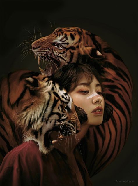 Symbolic Digital Art: Realistic painting of a young woman encircled by tigers by Turkish artist / illustrator Aykut Aydoğdu. Enigmatic and laced with symbolism. A Tiger, Tigers, To Look, A Woman, Illustration Art, Instagram, Art