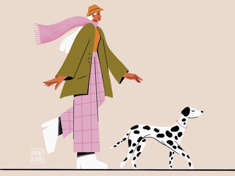 A Stylish Stroll with My Dalmatian by Alexandra Pavlova Dalmation Illustration, Dalmation Puppy Drawing, Dalmatian Dog Drawing, Dalmatian Illustration, Dalmatian Puppy Illustration, Dalmatian Art, Walking Together, Walk Together, Pavlova