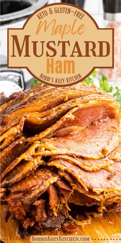 Slow Cooker Maple Mustard Ham (Keto & Sugar-Free) Maple Ham Recipes, Thanksgiving Ham Recipes, Maple Ham, Ham Recipes Crockpot, Slow Cooker Ham Recipes, Thanksgiving Crockpot Recipes, Keto Slow Cooker, Slow Cooker Ham, Crockpot Ham