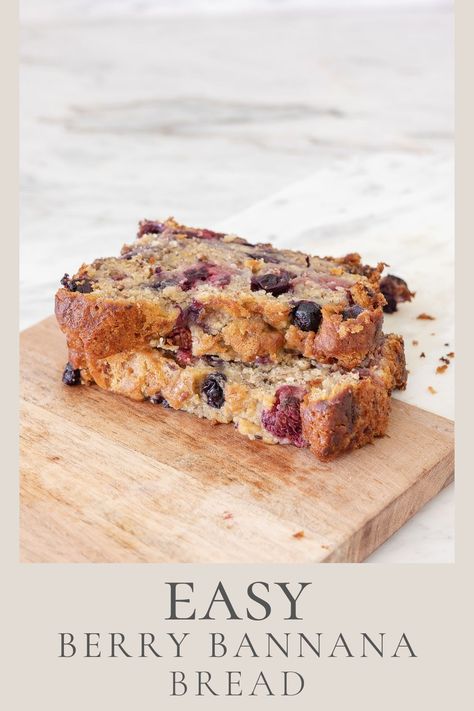 Use up those ripe bananas to make this easy berry banana bread recipe. This is the best banana bread recipe ever; moist and delicious, and only one mixing bowl required. Fruit Banana Bread, Banana Berry Bread Recipe, Banana Berry Bread, Blackberry Banana Bread, Berry Quick Bread, Berry Bread, Huckleberry Banana Bread, Raspberry Banana Bread, Mixed Berry Bread