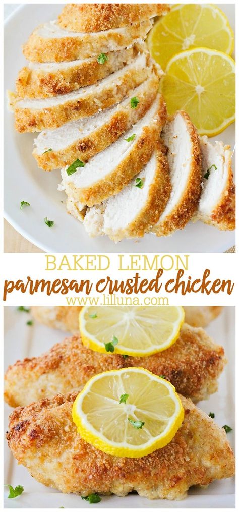 Baked Lemon Chicken Breast, Baked Parmesan Crusted Chicken, Parmesan Crusted Chicken Recipe, Crusted Chicken Recipes, Oven Baked Chicken Parmesan, Baked Lemon Chicken, Lil Luna, Lemon Chicken Recipe, Parmesan Crusted Chicken