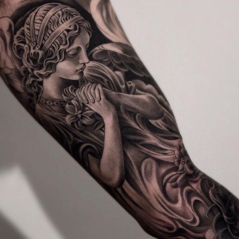 Jun Cha Tattoo, Angel Sleeve Tattoo, Inner Elbow Tattoos, Mens Tattoos, Mangas Tattoo, Inner Arm Tattoos, Inner Bicep Tattoo, Elbow Tattoos, Famous Tattoos