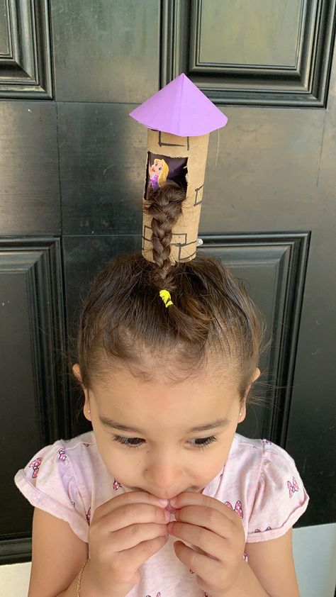 Crazy Hair Day Rapunzel Tower, Repunzal Tangled Hairstyles, Disney Crazy Hair Day, Rapunzel Crazy Hair Day, Crazy Hair Day Preschool, Preschool Crazy Hair Day Ideas, Tangled Hairstyle Rapunzel, Repunzle Hair Ideas, Crazy Hair Day Toddler Girl