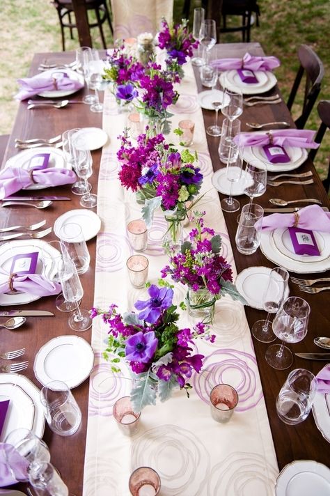 Purple reception table decor | Photo by Jill Lauren Photography Wedding Table Decorations Purple, Purple Wedding Tables, Renewal Vows, Purple Reception, Purple Wedding Decorations, Orange Wedding Colors, Planning Events, Purple Table, Reception Table Decorations