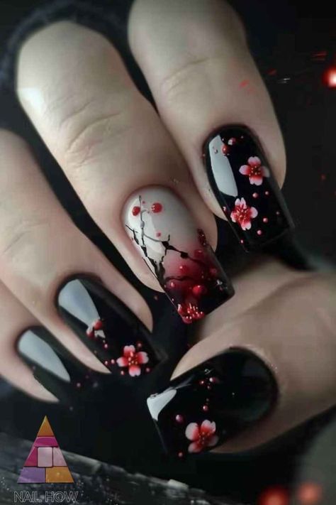 Dark Rose Nails Design, Black Rose Nail Art, Black And Glitter Nail Designs, Cute Japanese Nails, Japanese Cherry Blossom Nails, Black And Pink Nails Ideas, Japanese Inspired Nails, Cherry Blossom Nails Design, Cherry Blossom Nails Art