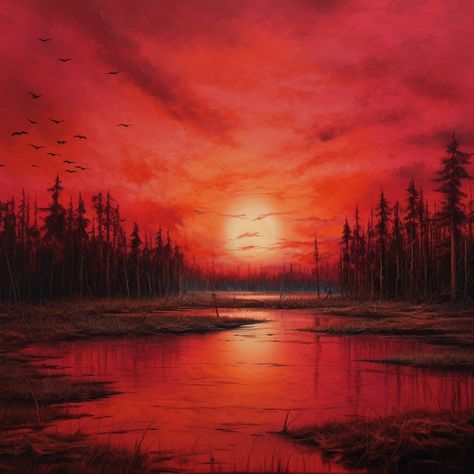 "Nature's fiery embrace: where the red lake meets the red sky, a mesmerizing symphony of passion and beauty 🌅❤️" Fiery Sunset, Red Lake, Red Sunset, Blood Red, Red Sky, Aesthetic Photography, Light Red, Lake, Red