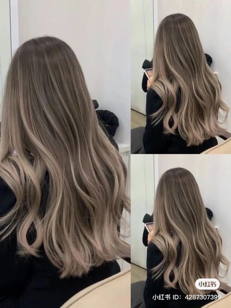 Ash Brown Dimensional Balayage, Light Ash Brown Hair With Lowlights, Amberes Hair Color, Light Smokey Brown Hair, Different Color Balayage Hair, Neutral Hair Dye Ideas, Smokey Mushroom Brown Hair, Hair Color 2023 Asian, One Process Hair Color