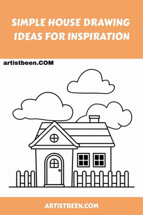 Black and white drawing of a simple house with a fence and clouds, designed for artistic inspiration. Easy House Drawing, House Drawing Ideas, Simple House Drawing, Drawing Ideas For Kids, Cozy Cottages, Easy Drawings For Kids, Charming House, Black And White Lines, Inviting Home