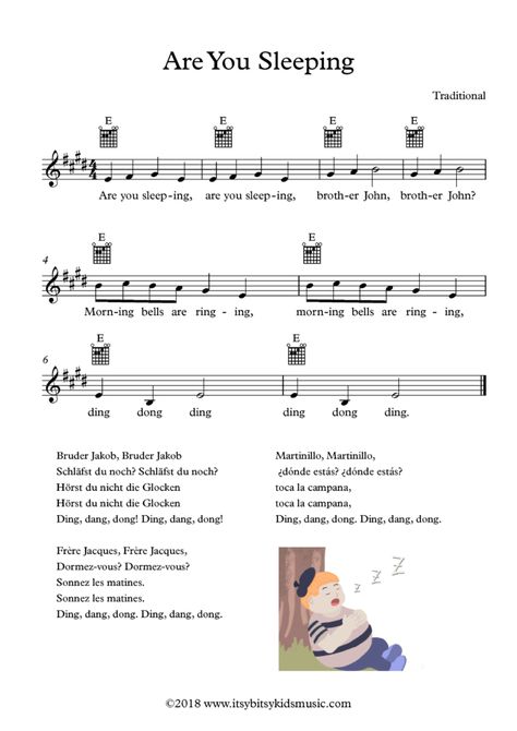 This is a sheet of the nursery rhyme Are You Sleeping (Frère Jacques) with chords and Lyrics in four different languages: English, german, french and spanish. Daycare Songs, Nursery Rhymes Lyrics, Rhymes Lyrics, Music Theory Lessons, Camp Songs, Children Songs, Kindergarten Songs, Baby Lyrics, Nursery Songs