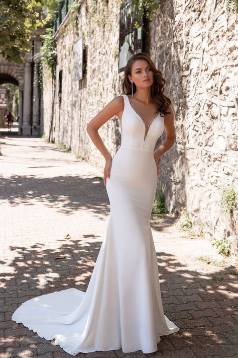 Wedding Dresses Sheer, Cathedral Wedding Dress, Wedding Gown Backless, Satin Bridal Gowns, Sheer Wedding Dress, Minimalist Wedding Dresses, Bridal Jumpsuit, Mermaid Wedding Dresses, Backless Wedding