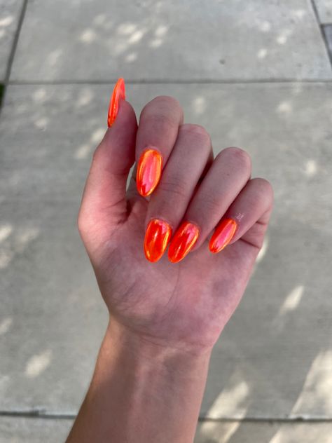 Bright Solid Nail Colors, Bright Orange Chrome Nails, Red Orange Chrome Nails, Neon Orange Chrome Nails, Orange Chrome Acrylic Nails, Bright Chrome Nails, Chrome Orange Nails, Blood Orange Nails, Orange Nails Neon