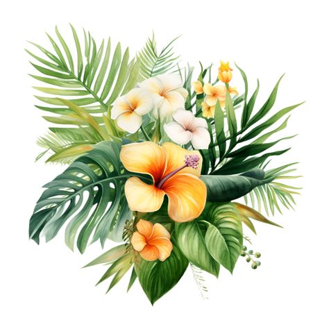 Tropical Flower Bouquet, Flower Bouquet Watercolor, Leopard Artwork, Tropical Flowers Bouquet, Summer Illustrations, Leaves Bouquet, Tropical Clipart, Bouquet Watercolor, Tropical Flower Arrangements