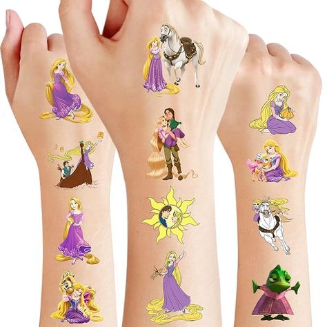 Amazon.com : Rapunzel Birthday Party Supplies,8 Sheets 100Pcs Temporary Tattoos Party Favors,Removable Skin Safe, Fake Tattoo Stickers for Tangled Birthday Party Gifts Favors : Beauty & Personal Care Snow Princess Birthday Party, Rapunzel Tattoo, Frozen Birthday Party Favors, Tangled Birthday Party, Rapunzel Birthday Party, Princess Tattoo, Tangled Birthday, Rapunzel Party, Tangled Party