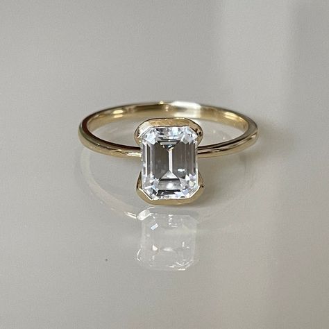 Half Bezel Emerald Cut Engagement Ring, Wing Wing, Unique Diamond Wedding Rings, Half Bezel Setting, Moissanite Vs Diamond, Bezel Set Engagement Ring, Half Bezel, Moissanite Solitaire Ring, Yellow Engagement Rings