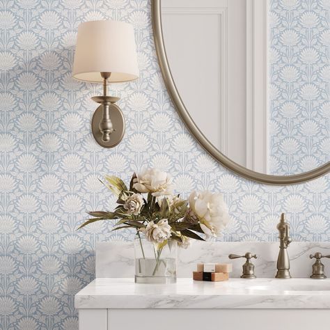 Charming, timeless and elegant ✨ ‘Block Print Chrysanthemum’ by @presuttidesign which color do you prefer? Team pink or team blue? Order your $6 samples today + free shipping! #wallpaper #peelandstickwallpaper #blockprinting #luxurywallpaper #interiorwallpaper #bathroomwallpaper #floralwallpaper Half Bathroom Wallpaper, Blue Powder Room, Interior Wall Paper, Wallpaper Powder Room, Hydrangea Wallpaper, Girl Nursery Wallpaper, Block Print Wallpaper, Blue And White Wallpaper, Powder Room Wallpaper