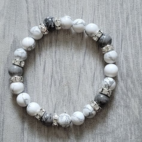 White Howlite Bracelet, Shambala Bracelet, Grey Bracelet, Gray Bracelet, Howlite Bracelet, Grey Beads, White Howlite, White Band, Quartz Bracelet