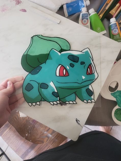 Pokemon Glass Painting, Bulbasaur Painting, Pokémon Painting, Watercolours Painting, Clay Cafe, Pokemon Painting, Diy Science Experiments, Painting Stuff, Posca Art