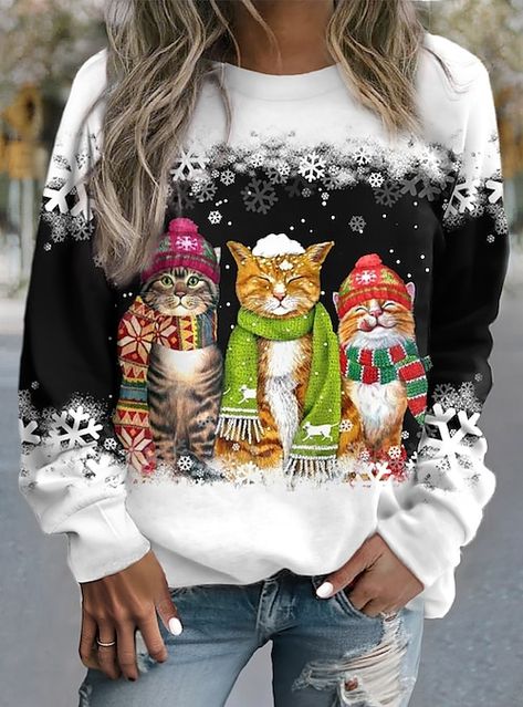 Söt Katt, Graduation Outfits, Snowflake Design, Winter Pullover, Cat Sweatshirt, Festive Design, Summer Concert, Christmas Cat, Round Neck Sweatshirts