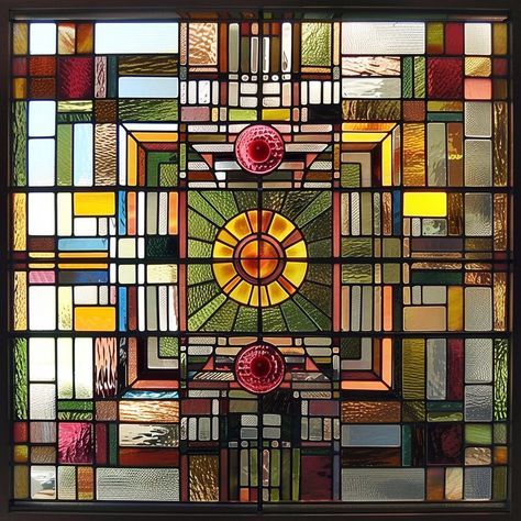 Stained Glass Frank Lloyd Wright, Stained Glass Geometric Patterns, Square Stained Glass Patterns, Cob Bathroom, Frank Lloyd Wright Stained Glass Pattern, Geometric Stained Glass Patterns, Rh Dorm, Frank Lloyd Wright Stained Glass, Murmuration Art