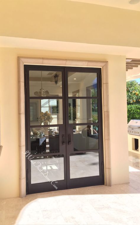 Iron French Doors, Modern French Doors, Classic Window, Door Sweep, Modern Entryway, Modern French, Wrought Iron Gates, Exterior Makeover, Iron Door