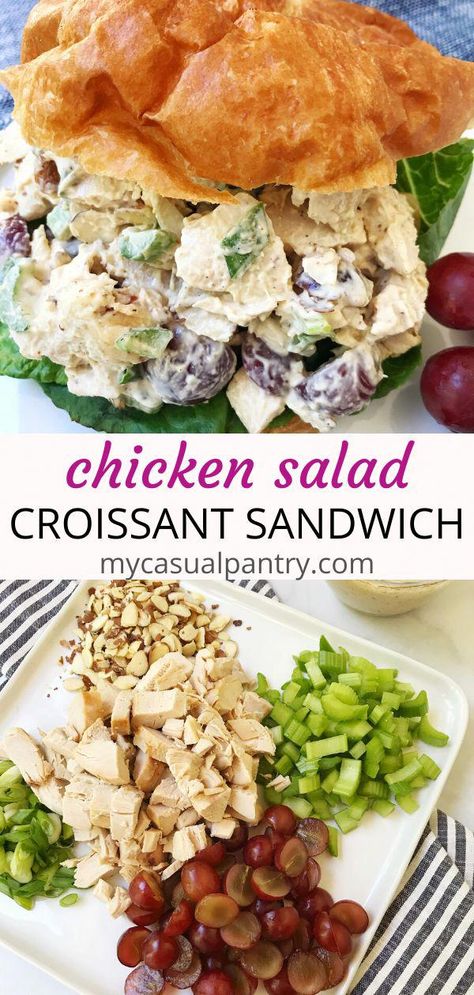 #NutritionHealthAndWellness Chicken Salad Croissant Sandwich, Chicken Croissant, Easy Chicken Salad Recipe, Lunch Sandwich Recipes, Flaky Croissants, Chicken Salad Croissant, Leftover Chicken Breast, Chicken Salad Ingredients, Chicken Salad Recipe Easy