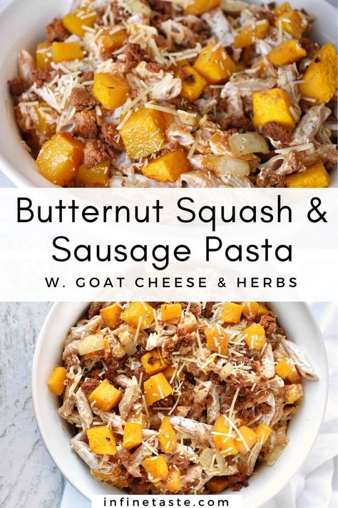 pasta in white bowl. Butternut Squash Sausage Pasta, Butternut Squash Goat Cheese, Squash Goat Cheese, Butternut Squash Recipes Healthy, Simple Cheese Sauce, Italian Sausage Recipes Pasta, Squash Sausage, Butternut Squash Recipes Pasta, Sausage And Spaghetti Squash