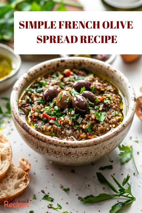 Made with a combination of olives, capers, sun dried tomatoes, and herbs, this olive tapenade recipe is a delightful and versatile dip. Olive Tamponade Recipes, Tapenade Recipe Olive, Olive Tamponade, Olive Spread Recipe, German Main Dishes, French Snacks, Olive Tapenade Recipe, Italian Main Dishes, Tapenade Recipe