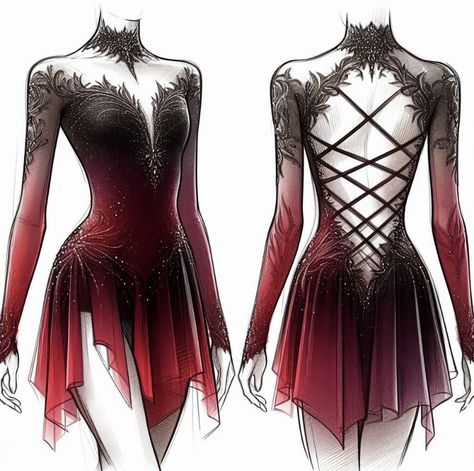 Fantasy Dresses Red, Red Fantasy Clothes, Ice Skating Dresses Black, Red Dress Drawing, Figure Skating Dresses Beautiful, Figure Skating Dress Sketch, Black Ice Skating Dress, Black And Red Dance Costumes, Black Figure Skating Dress