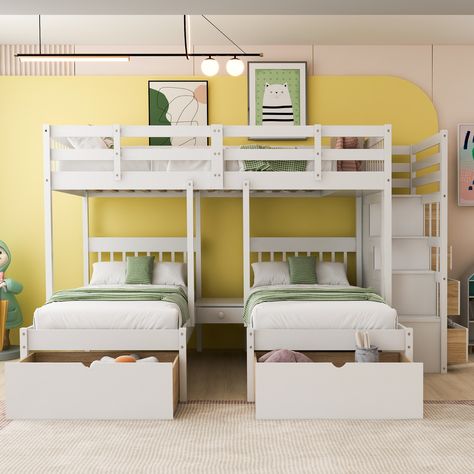 A perfect space-saving solution for multi-child families. 3 Bunk Beds, Bunk Bed With Drawers, Triple Bed, Trundle Bed With Storage, Triple Bunk Beds, Triple Bunk Bed, Triple Bunk, Bunk Beds With Drawers, Two Twin Beds