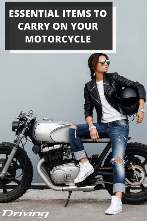 Breakdowns and mishaps can happen any time, and these are the tools and things you should carry to get you back on the road Car Shopping, Biker Babe, Motorcycle Travel, Biker Chick, Shopping Advice, Moto Style, Riding Motorcycle, Essential Items, Car Shop